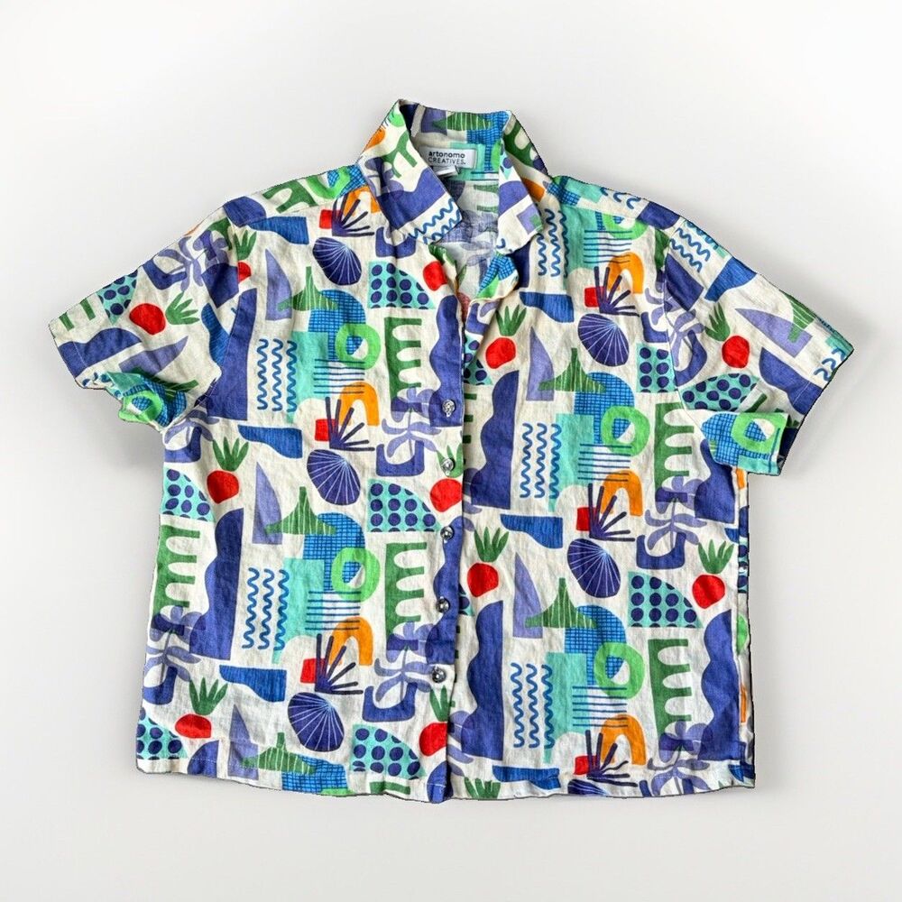 Artonomo Creatives Linen Button Up Shirt Small Womens Short Sleeve Abstract Art